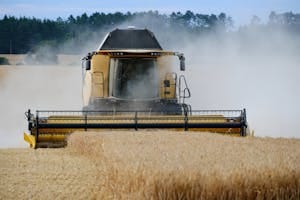 Setting Up Your Fields for a Strong 2026 4 Combine harvester driving through a wheat field, creating dust in the air.